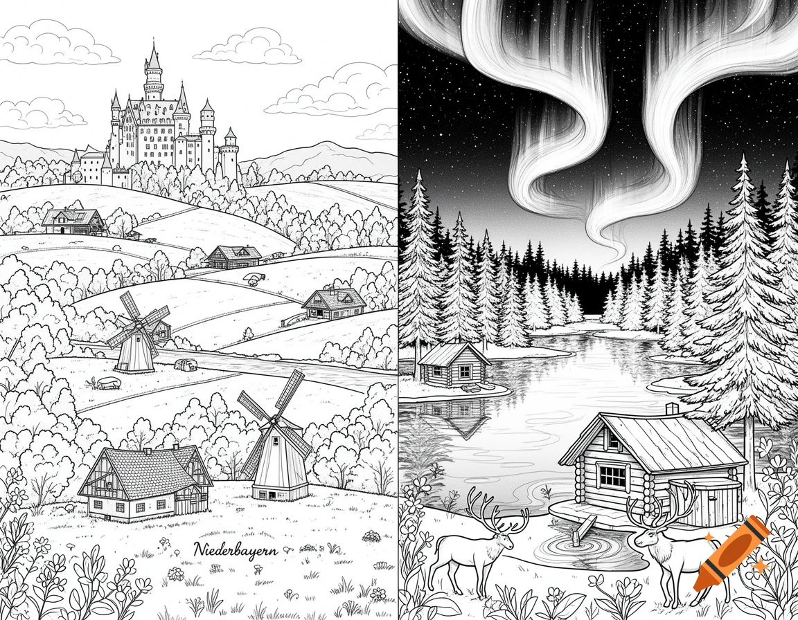 Black and white coloring page showing a Bavarian landscape with a castle and windmills on the left, and a Finnish winter scene with reindeer and aurora on the right.