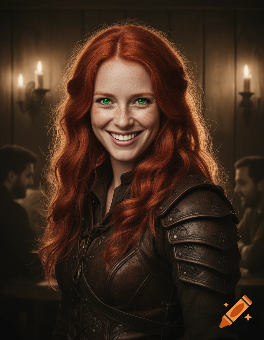 A smiling, fair-skinned redhead woman with freckles and striking green eyes, wearing dark leather armor, in a dimly lit tavern.