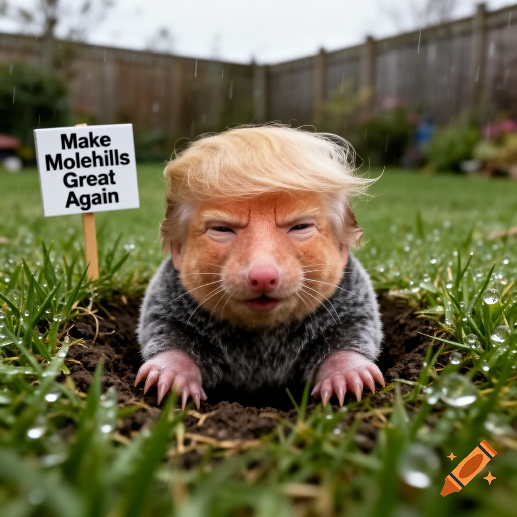Photorealistic mole with Donald Trump's face and hair emerges from a molehill in a rainy garden, holding a sign 'Make Molehills Great Again'.