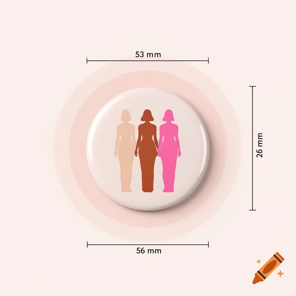 Round white badge with three stylized female silhouettes in nude, terracotta, and bright pink; shown with dimensions on a light pink background.