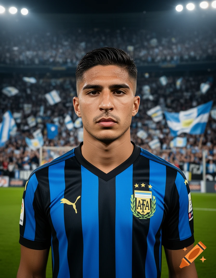 Photorealistic portrait of a male soccer player in a blue and black striped jersey with a Puma logo, standing in a stadium.