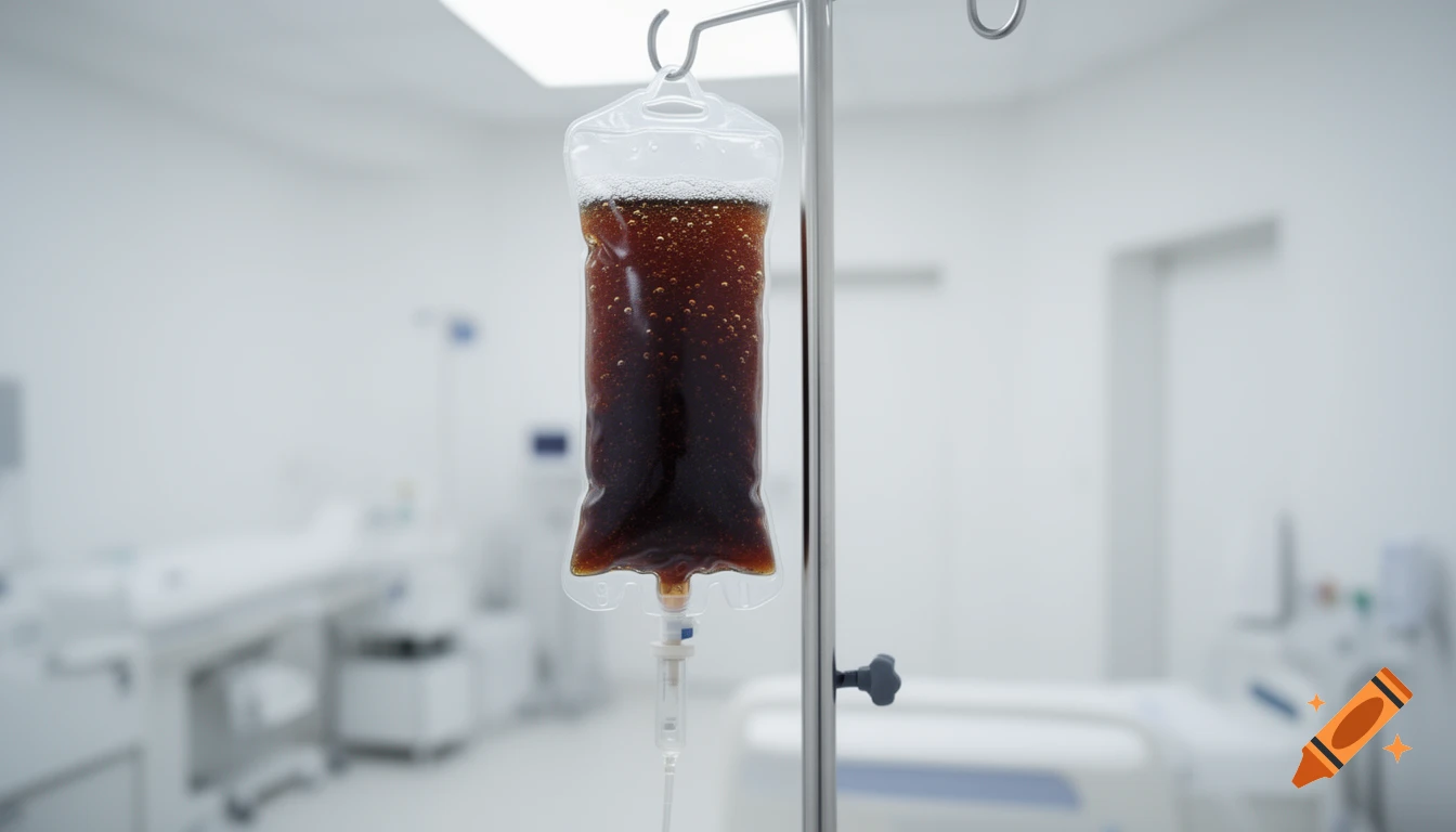 A transparent medical IV bag filled with dark, fizzy brown liquid hangs from a metal pole in a bright, clean hospital room.