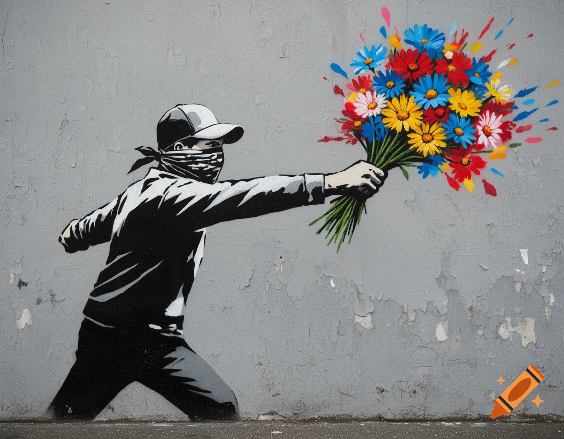 Banksy-style stencil mural of a figure with a covered face and cap, throwing a colorful bouquet of flowers against a weathered gray wall.