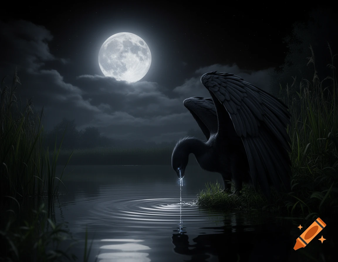 A dark, winged creature dips its head into a moonlit lake, a single glowing drop creating ripples under a large full moon in a night sky.