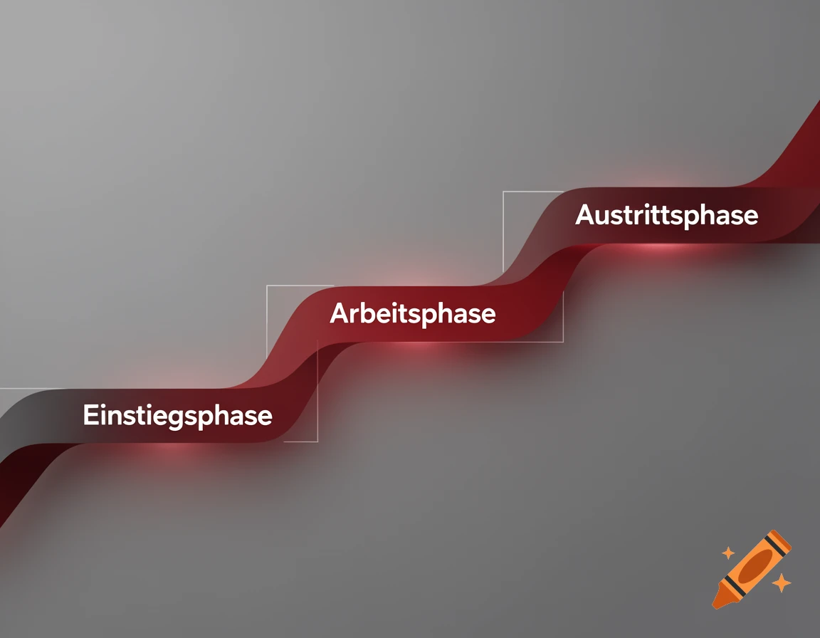 Red and grey ribbon diagram illustrating three phases: 'Einstiegsphase', 'Arbeitsphase', and 'Austrittsphase'.