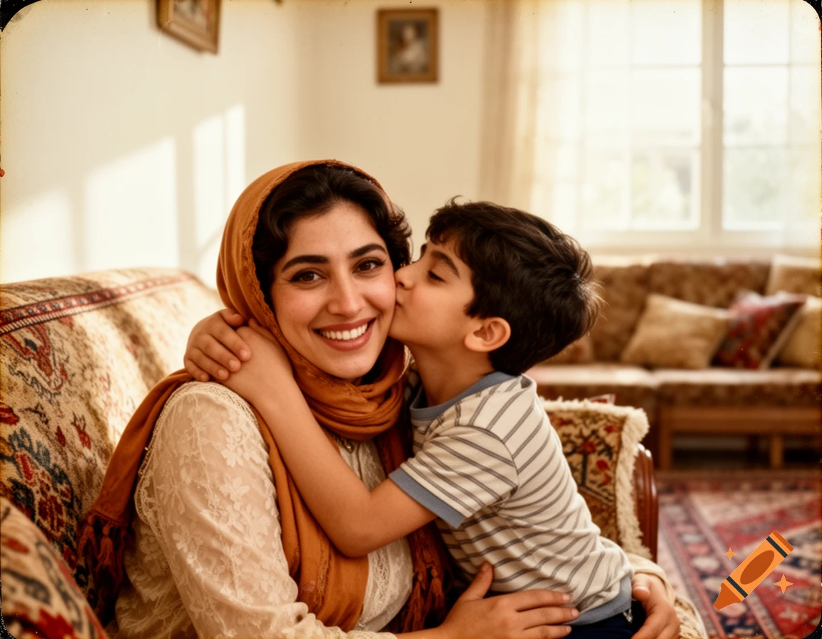 Photorealistic portrait of an Iranian mother with a headscarf, smiling as her son kisses her cheek in a warm, vintage-style home.