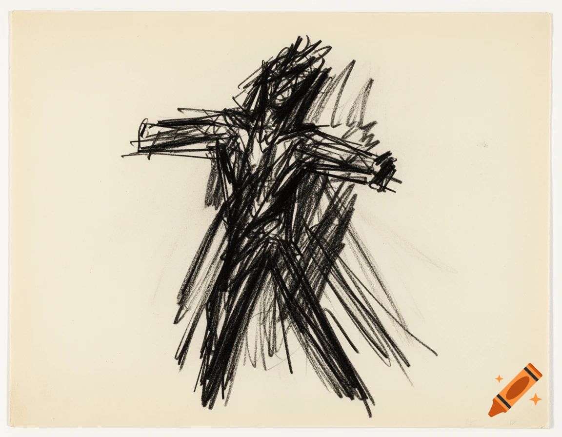 A black charcoal or crayon sketch of an abstract human figure, composed of vigorous, overlapping lines on an ivory background.