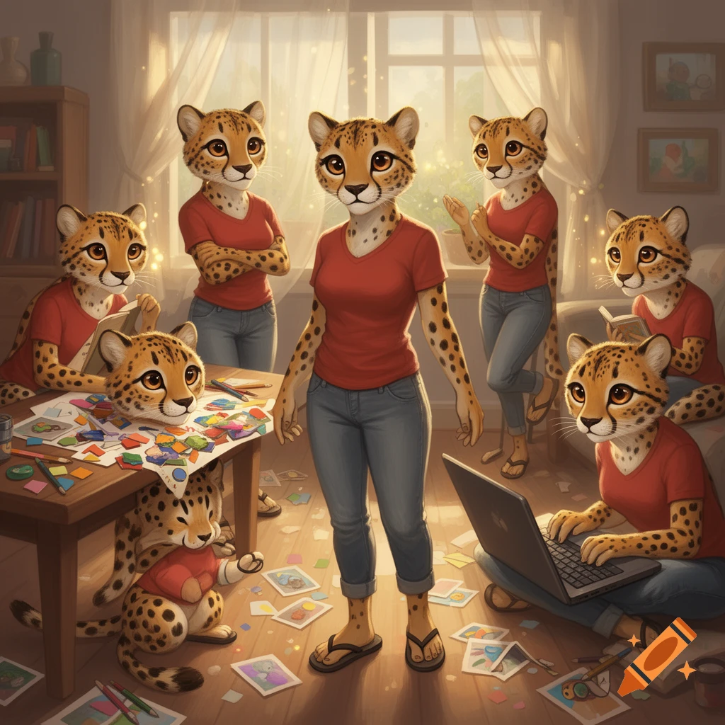 Multiple anthropomorphic cheetahs in red shirts and jeans doing various activities like collage, reading, and using a laptop in a sunny room.