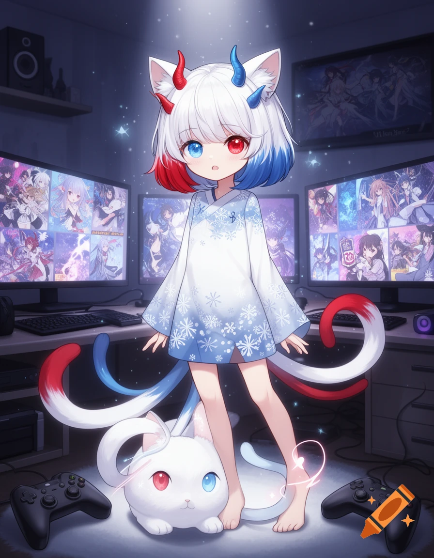 An anime girl with white, red, and blue hair, cat ears, and small horns, stands barefoot in a room with multiple gaming monitors and controllers, with a white cat-like creature at her feet.