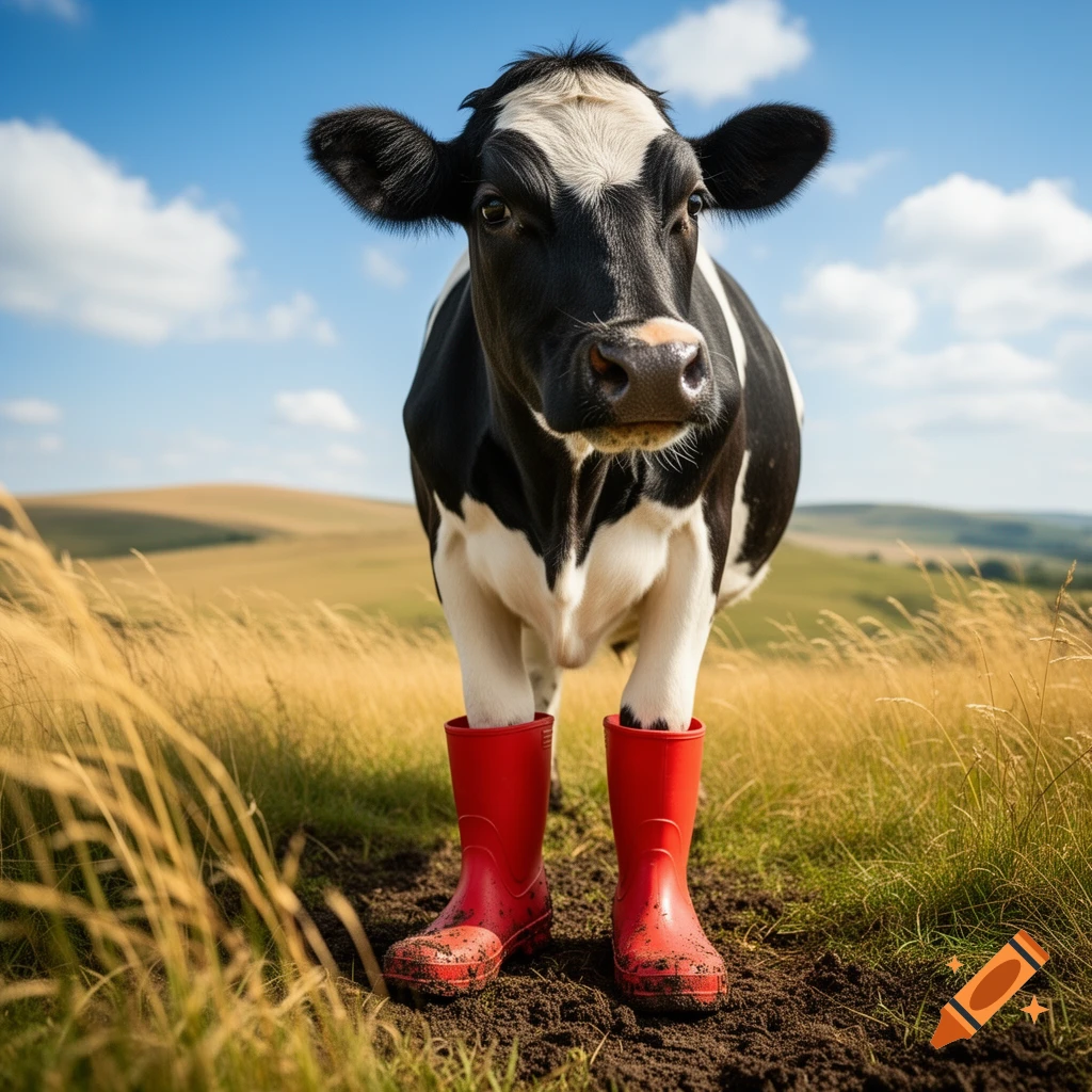 A black and white cow wearing red boots stands in a grassy field under a blue sky.