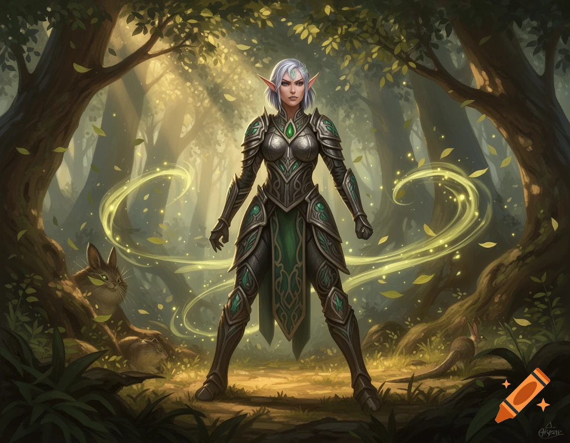 Armored female elf with white hair stands in a sunlit forest with glowing leaves and small animals, fantasy art style.