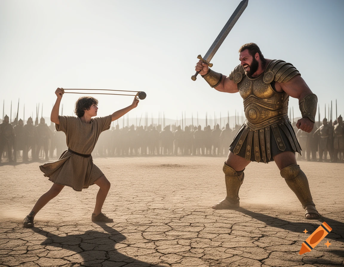A young boy with a sling confronts a giant warrior holding a sword on a cracked desert plain, with an army in the dusty background.