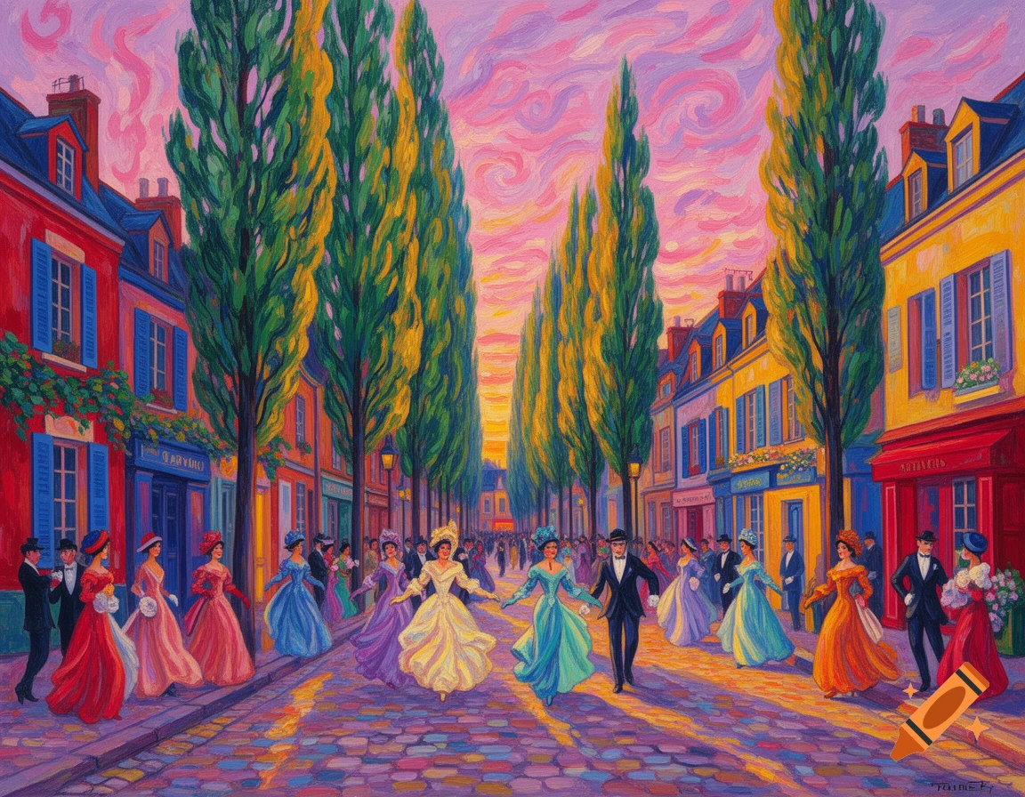 Vibrant painterly scene of a European street at sunset with people in 19th-century attire walking on a cobbled street lined with tall trees and colorful buildings.