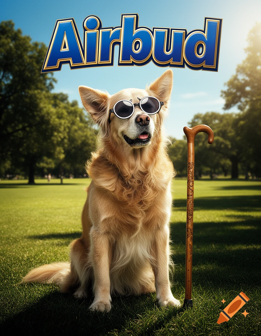 Photorealistic image of a golden retriever wearing round sunglasses, sitting next to a wooden cane in a sunny park with "Airbud" text above.