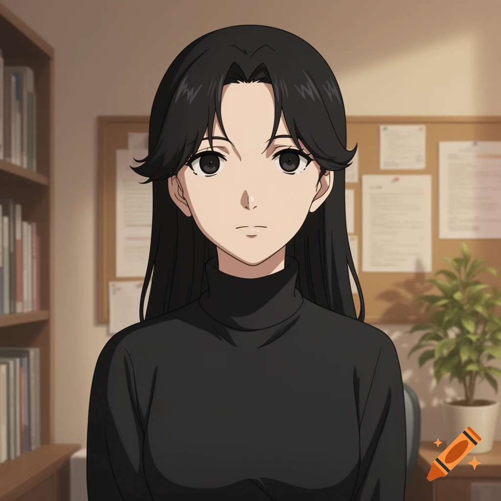 Anime portrait of a young woman with long black hair and dark eyes, wearing a black turtleneck, in an office with a bookshelf and corkboard.