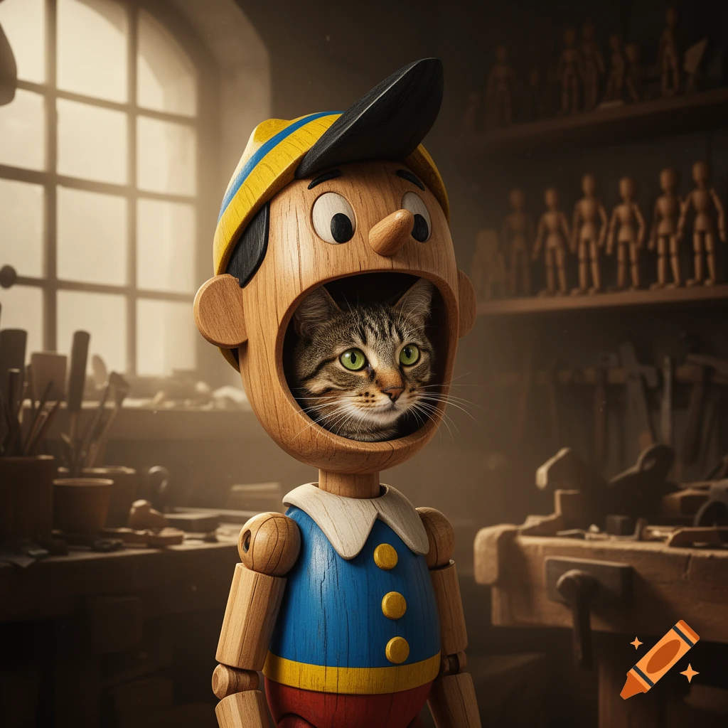 A wooden Pinocchio puppet with a tabby cat peeking out from its open mouth, in a dimly lit workshop.