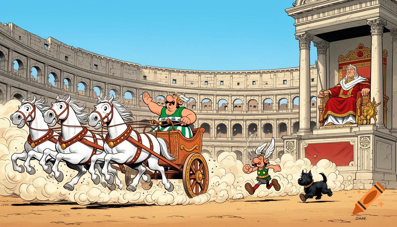 A cartoon-style image of Obelix in a chariot pulled by three white horses, racing through a Roman Colosseum. Asterix and Dogmatix run behind, while Caesar watches from a tribune.