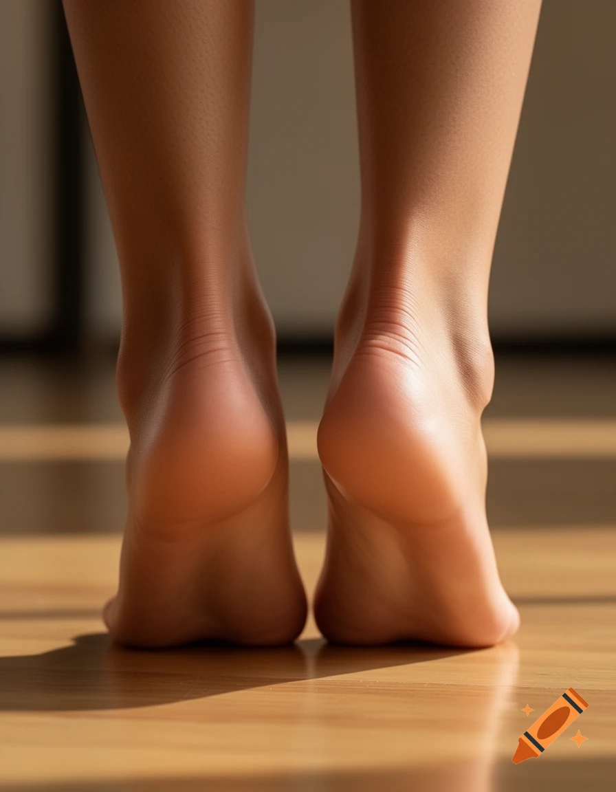 Close-up photorealistic shot of bare feet and lower legs standing on a sunlit wooden floor.
