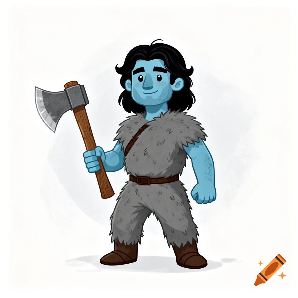 Cartoon blue-skinned medieval man with black hair, wearing gray fur pelts, holding a battle axe.