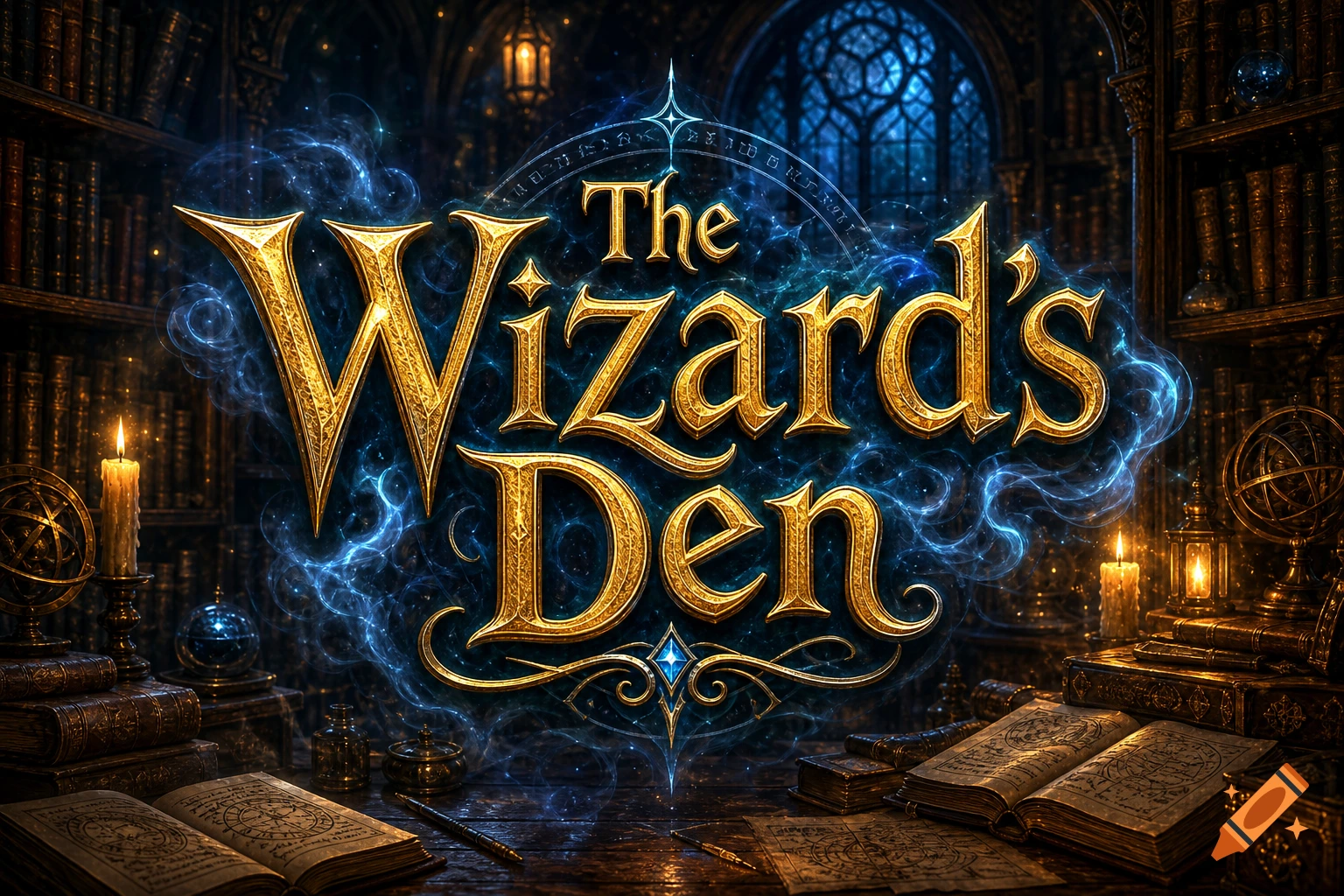 Ornate golden 'The Wizard's Den' logo glowing with blue magic in a magical library filled with books and candles.