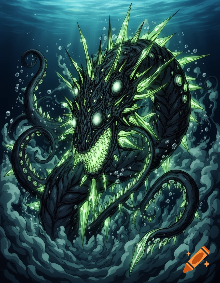 A terrifying, multi-eyed, spiky black and neon green deep-sea monster with tentacles in dark, bubbling water.
