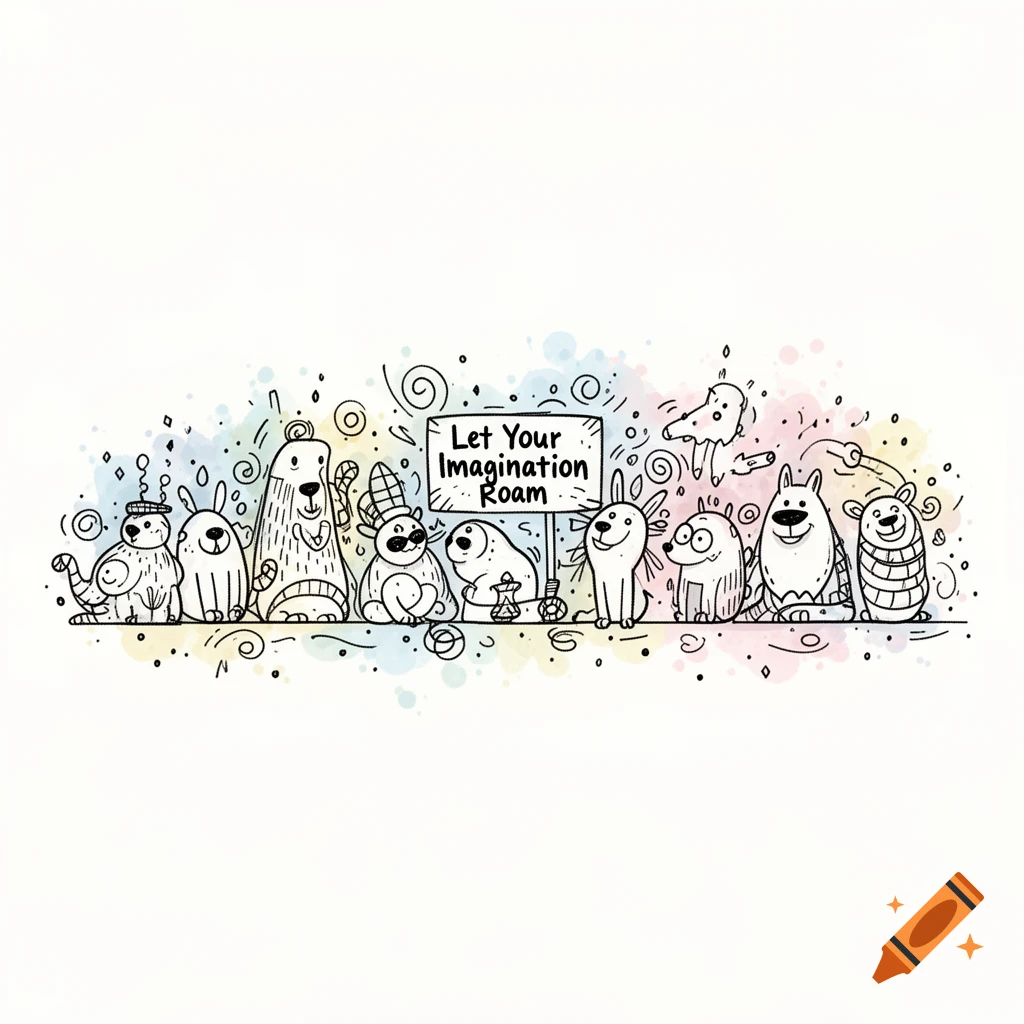 Doodle art illustration of cute cartoon animals lined up, with a sign saying 'Let Your Imagination Roam' over colorful watercolor splashes.