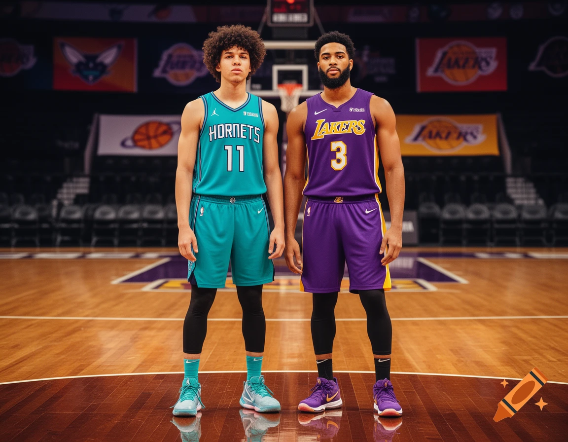 Two basketball players in full uniform stand on a court, one in a teal Hornets #11 jersey and the other in a purple Lakers #3 jersey.