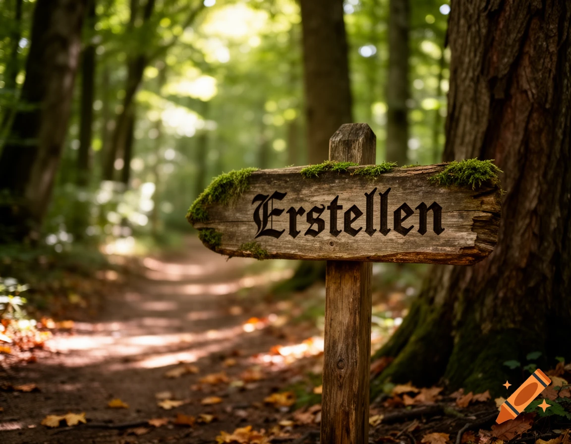 Photorealistic image of a moss-covered wooden sign reading 'Erstellen' on a sun-dappled forest path.