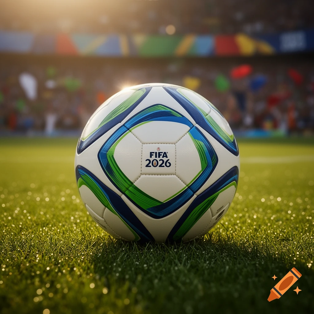 Photorealistic image of a FIFA soccer ball on a grassy field in a stadium, with a blurred background.