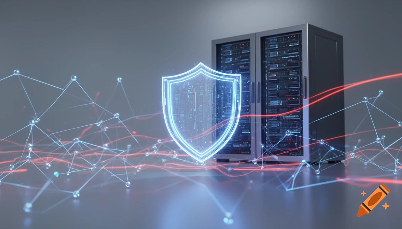 A futuristic 3D illustration with a glowing digital shield in front of server racks, connected by neon blue and red data streams and network nodes.