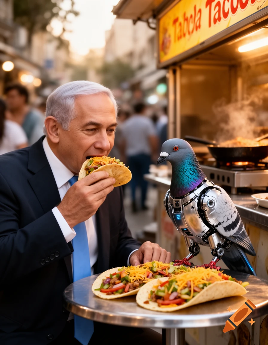 Benjamin Netanyahu eats a taco next to a robot pigeon at a bustling street food stall serving tacos, photorealistic.