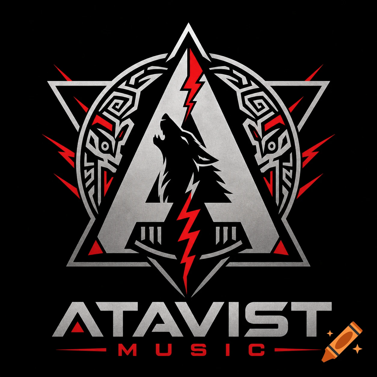 A black, silver, and red logo featuring a stylized 'A' with a howling wolf silhouette and tribal patterns, with "ATAVIST MUSIC" below.