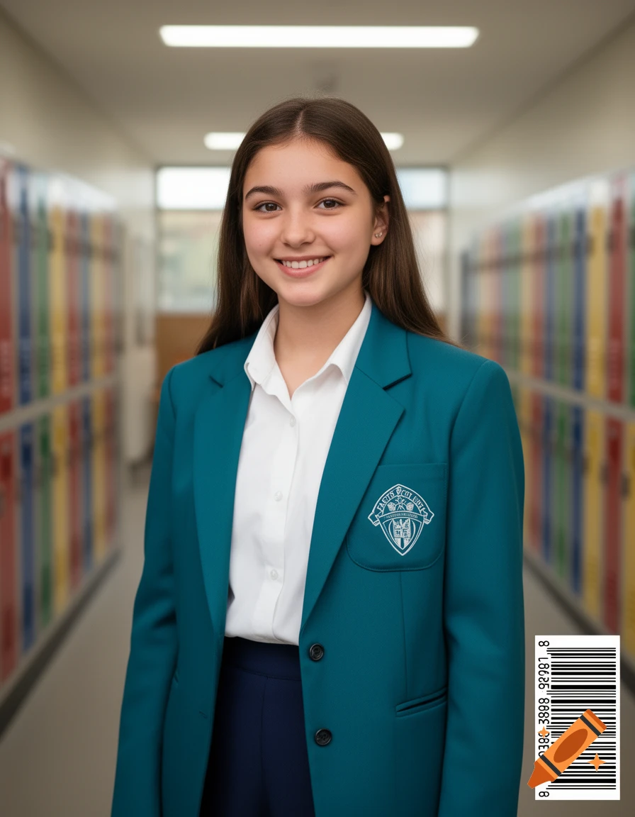 A smiling young female student in a teal blazer and white shirt stands in a school hallway, looking at the camera. Photorealistic style.