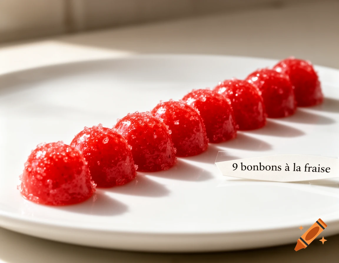 Nine red, sugar-coated strawberry candies in a line on a white plate with a '9 bonbons à la fraise' note.