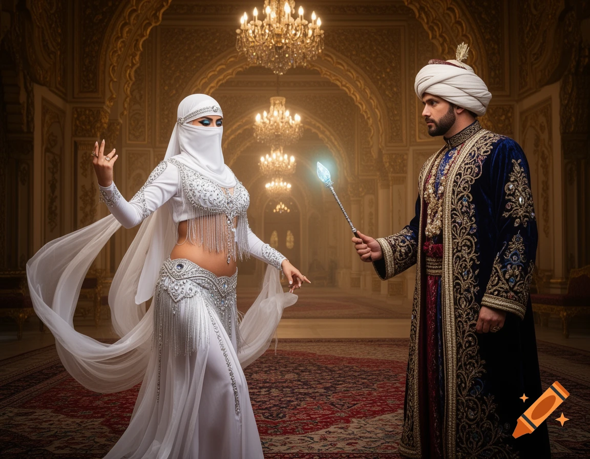 A belly dancer in a white costume with silver adornments and veil dances for a sultan holding a magic wand in a grand palace.