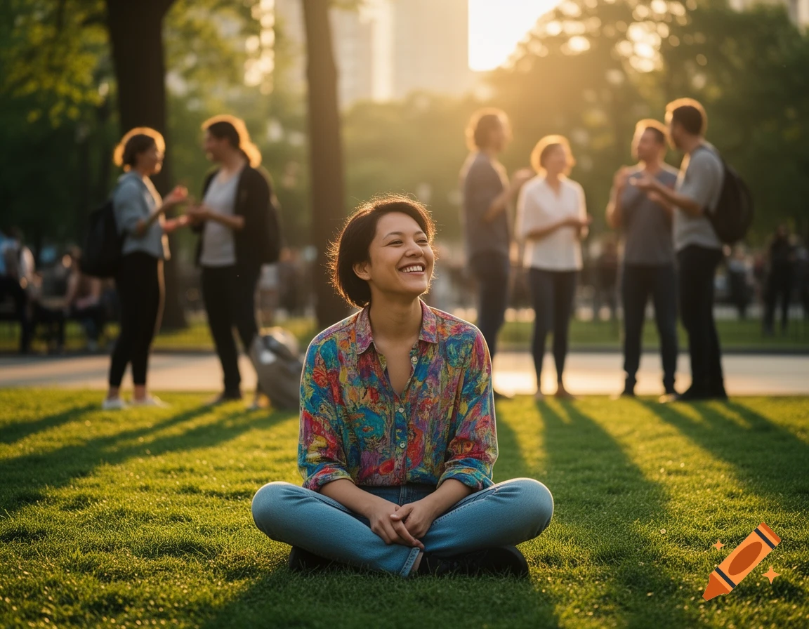 A smiling woman sits on green grass in a park at sunset, with blurred people in the background. Photorealistic.
