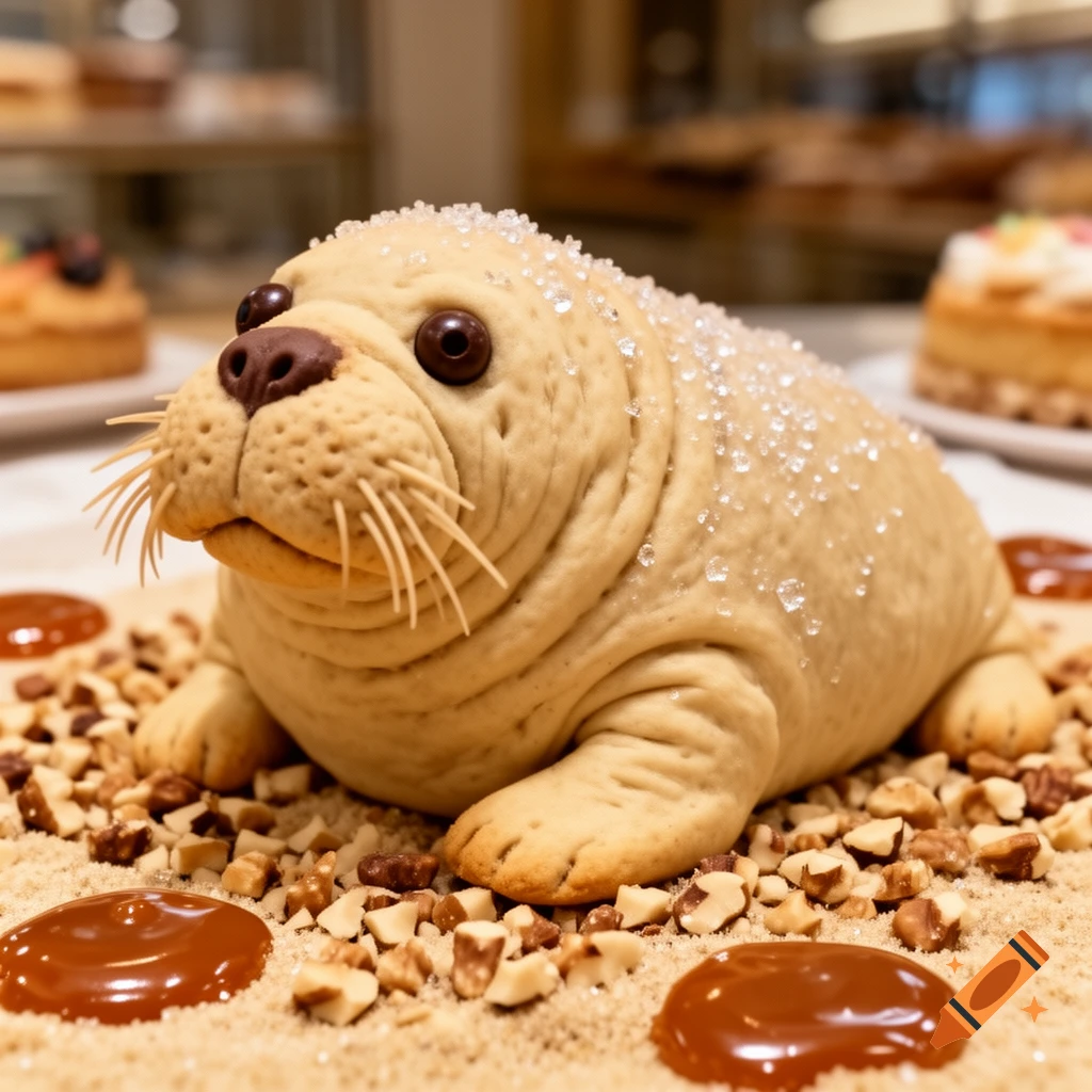 Photorealistic seal-shaped dessert made of light-colored dough, coated in sugar crystals, on chopped nuts and caramel sauce.