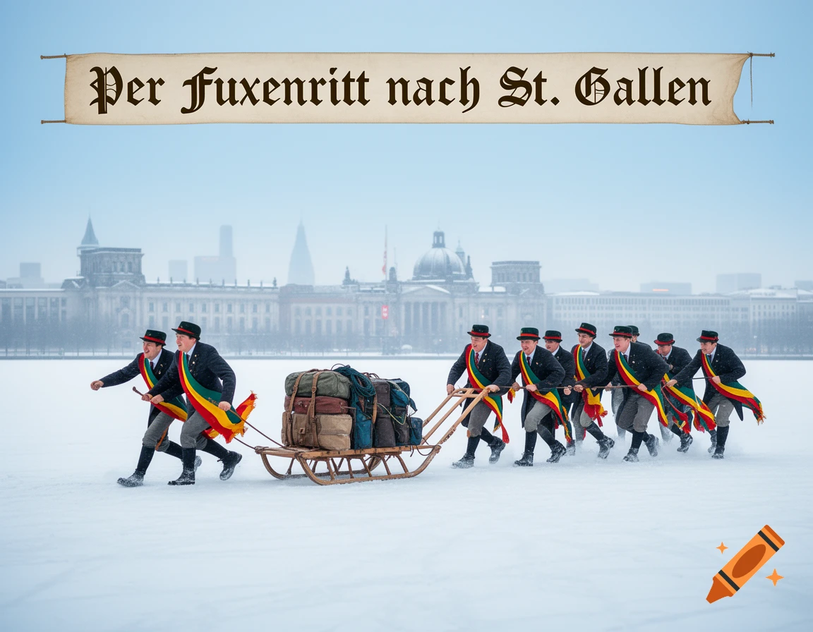 Men in traditional attire pull a laden sled across a snowy field towards a city, with a banner above.