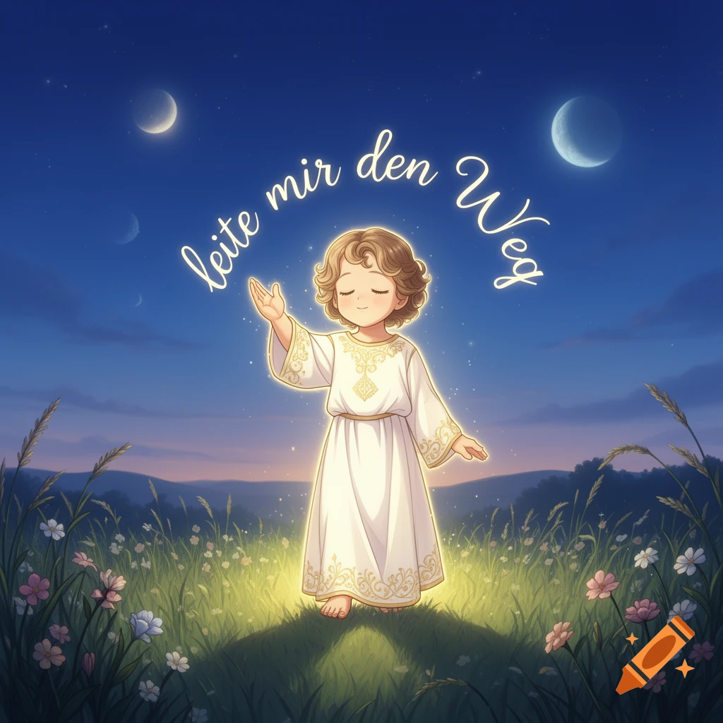 An anime-style Baby Jesus in a glowing white robe stands in a moonlit field with flowers, hands raised, with text 'leite mir den Weg' above.