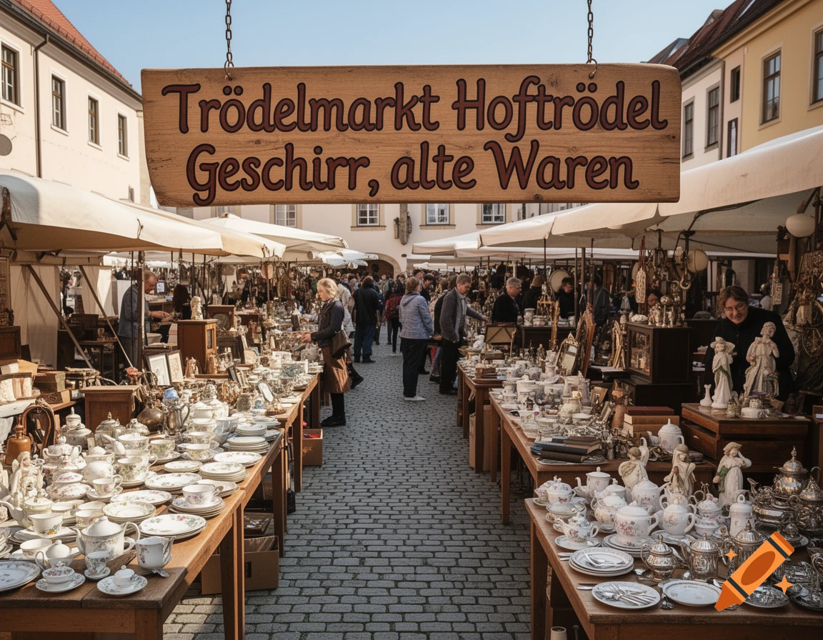 A bustling outdoor flea market with a large wooden sign above stalls filled with antique dishes, silverware, and various old goods.