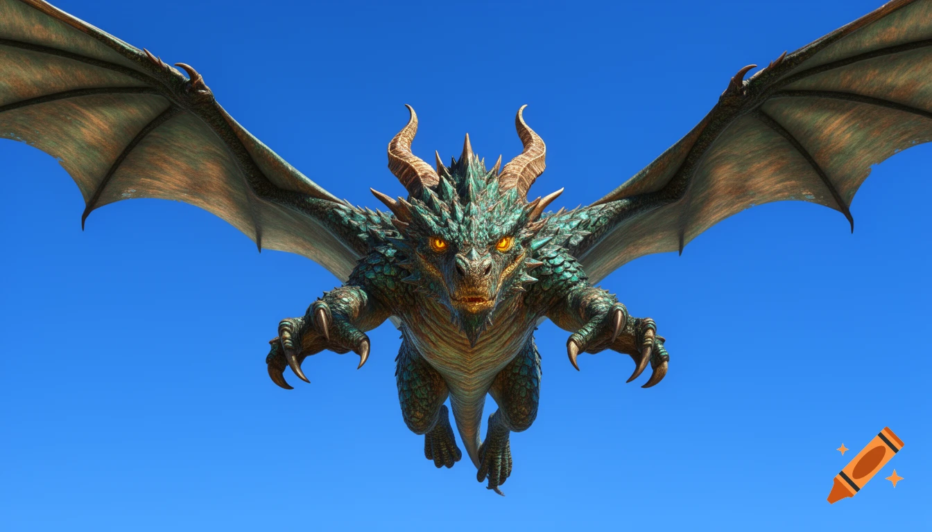 A photorealistic green and gold European dragon with glowing orange eyes flies directly towards the viewer in a clear blue sky.