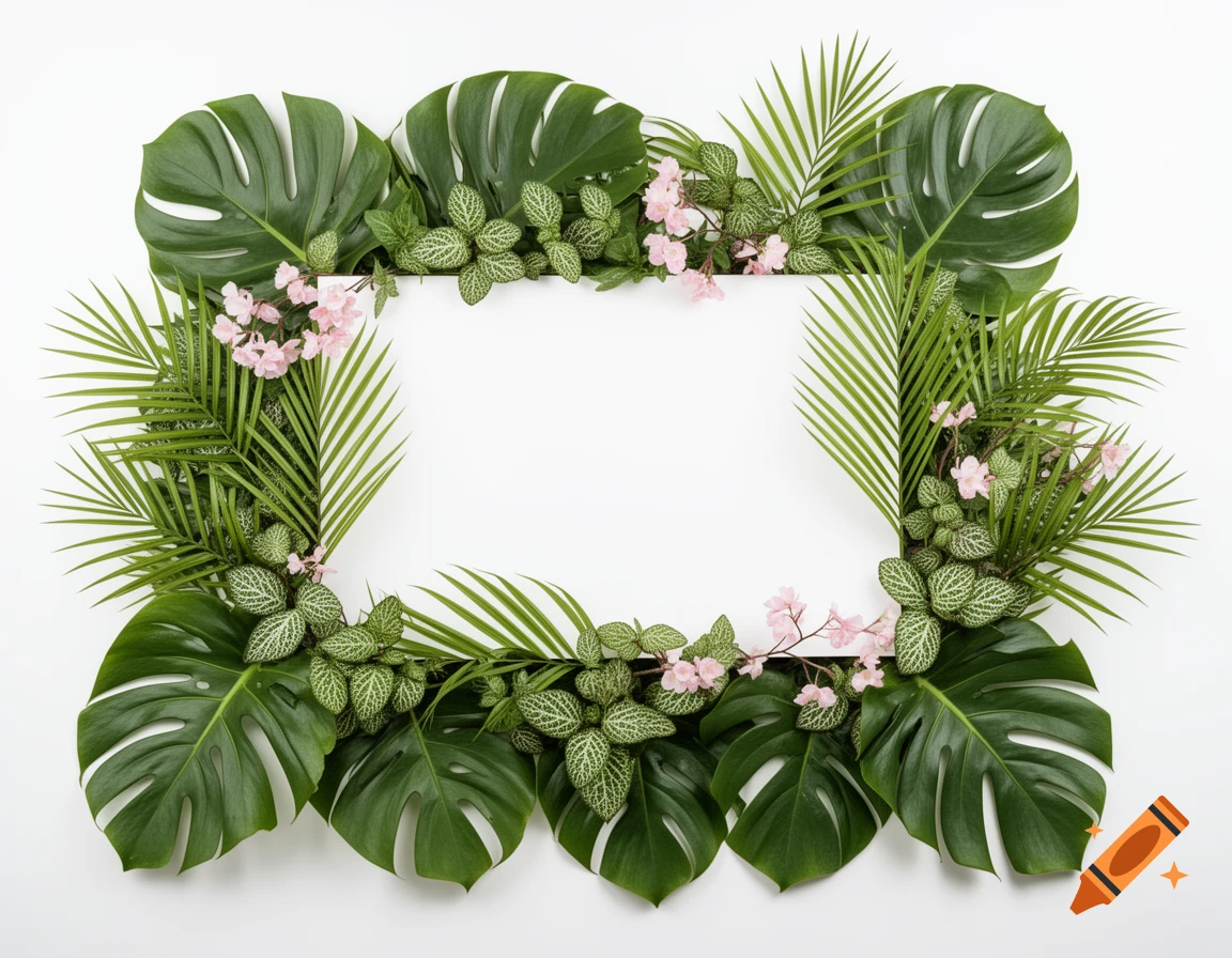 A rectangular white frame surrounded by lush green Monstera leaves, palm fronds, fittonia plants, and delicate pink flowers on a white background.
