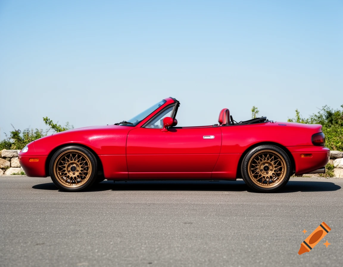 Side profile of a bright red Mazda MX-5 Miata convertible with bronze multi-spoke wheels on an asphalt road under a clear sky.