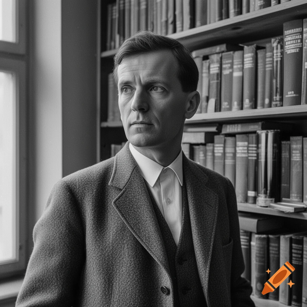 Black and white portrait of a man in a suit, resembling Ludwig Wittgenstein, standing in front of bookshelves.