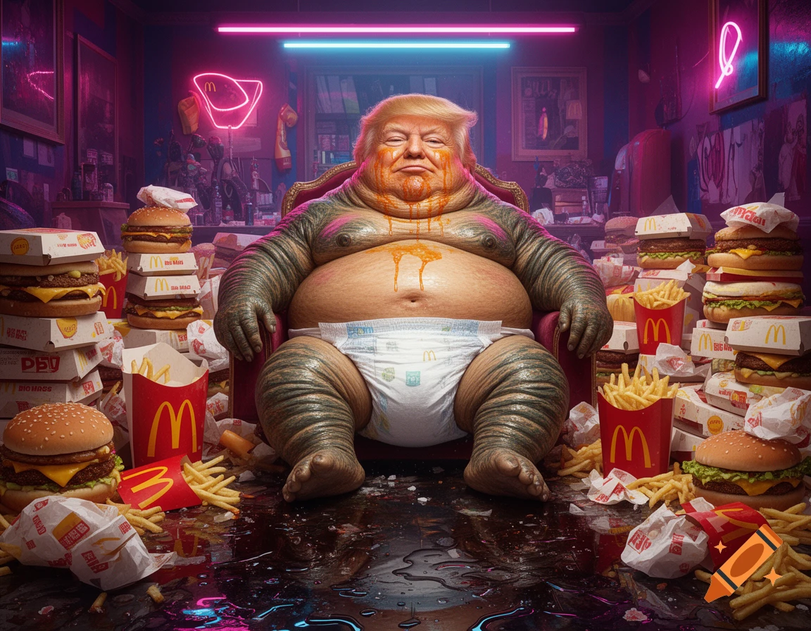 Exaggerated, obese man resembling Donald Trump in a diaper, covered in grease, sitting on a red chair amidst piles of McDonald's burgers and fries in a neon-lit room, in a hyperrealistic style.