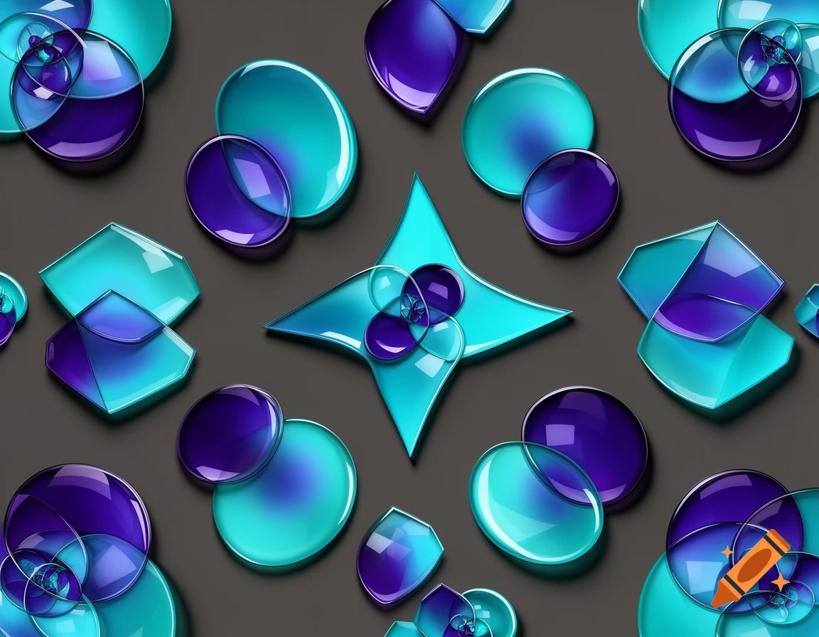 A seamless pattern of glossy, transparent abstract shapes in teal and purple, creating a vibrant, modern design.