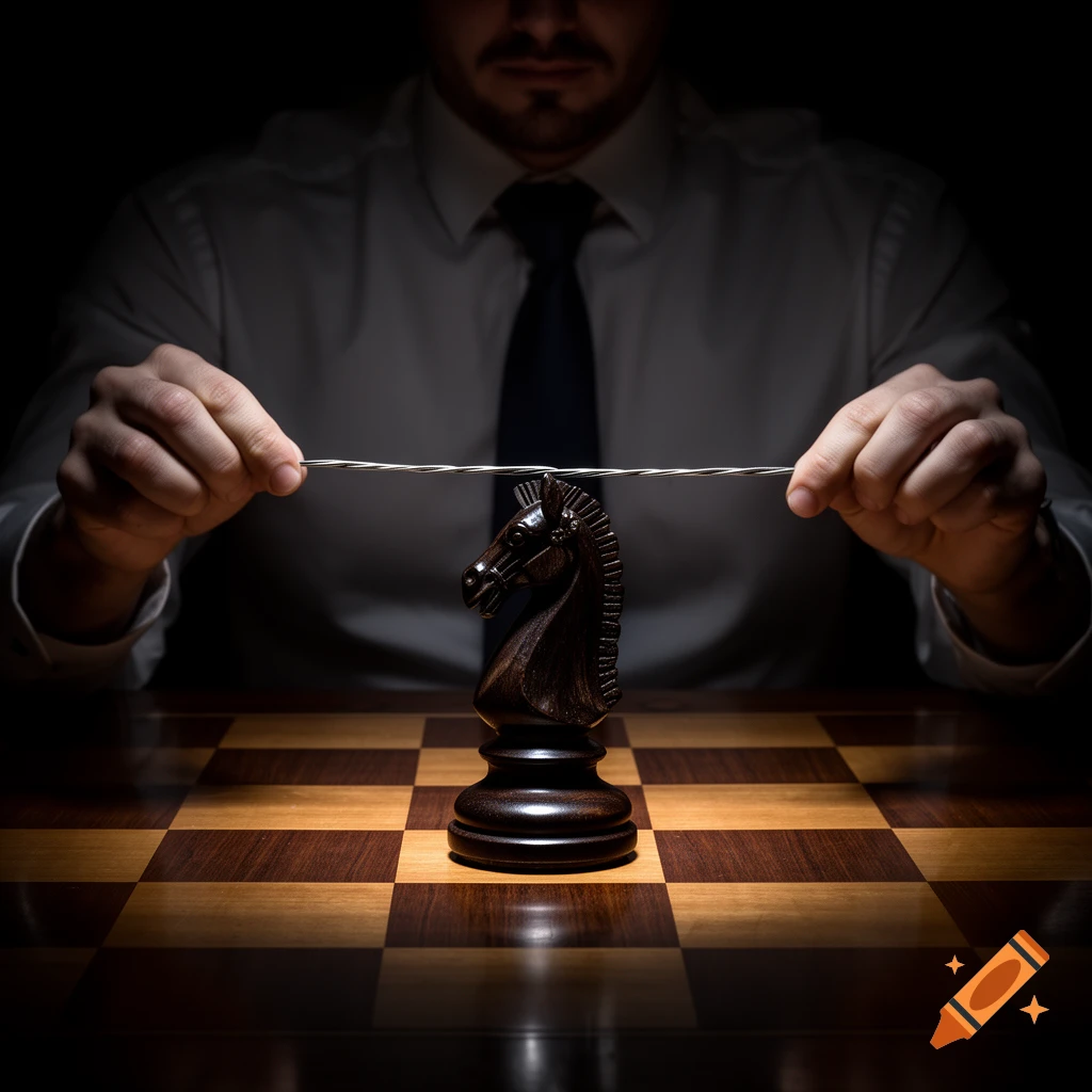 A man in a white shirt and tie holds a taut wire over a black chess knight on a dark chessboard under a spotlight.