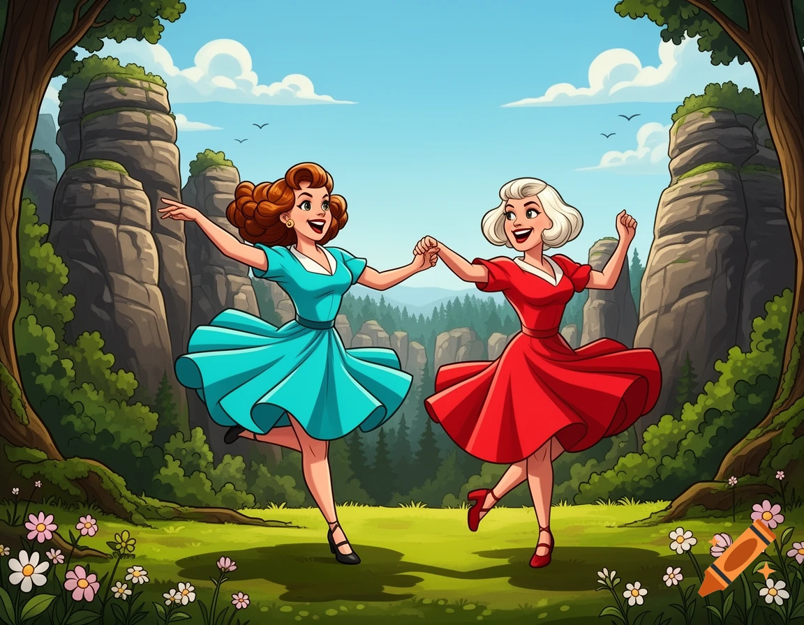 Two smiling cartoon women in swing dresses dance Lindy Hop in a grassy clearing with rock formations and trees.