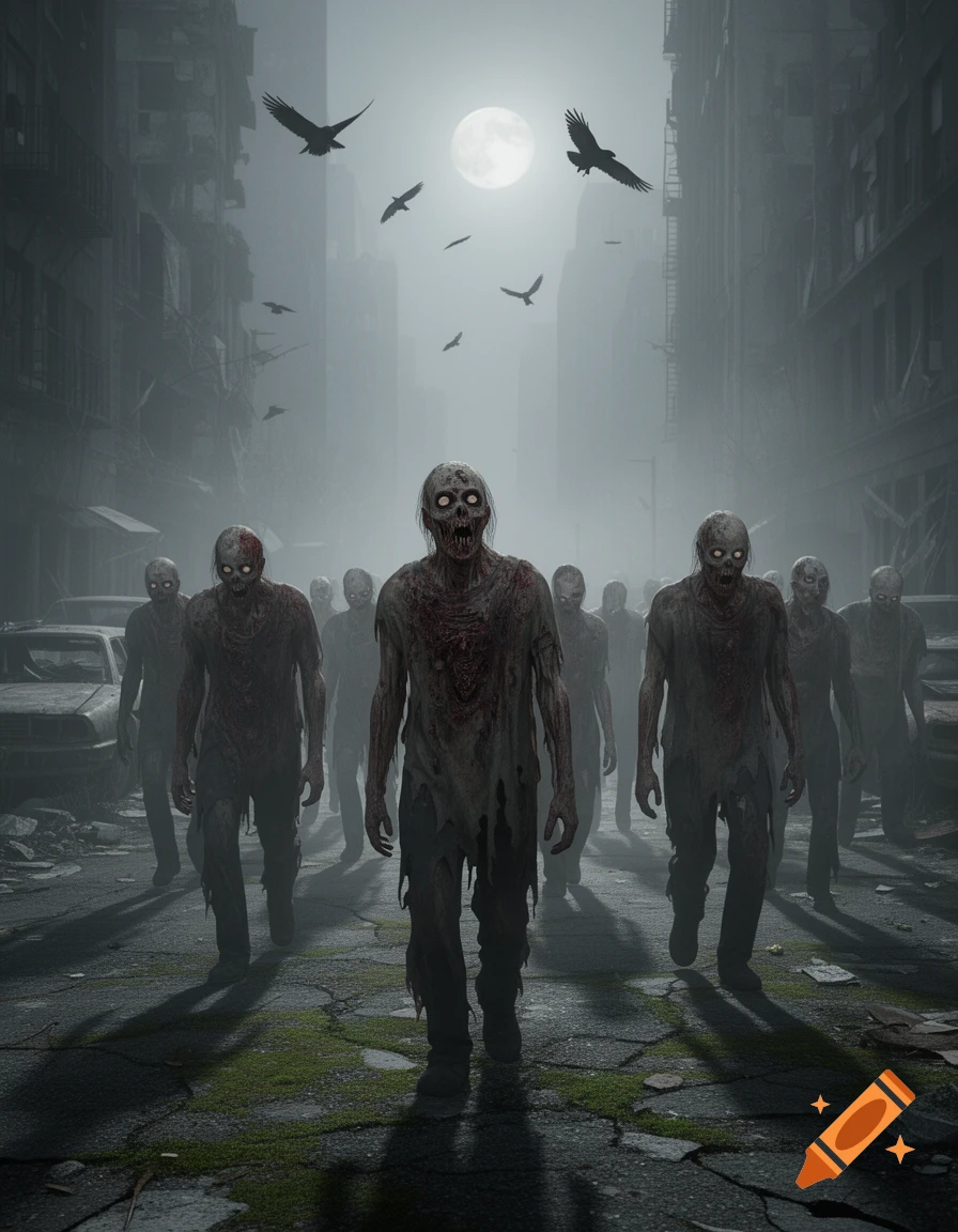 A horde of grotesque zombies walks down a foggy, dilapidated city street under a full moon, with crows flying overhead.