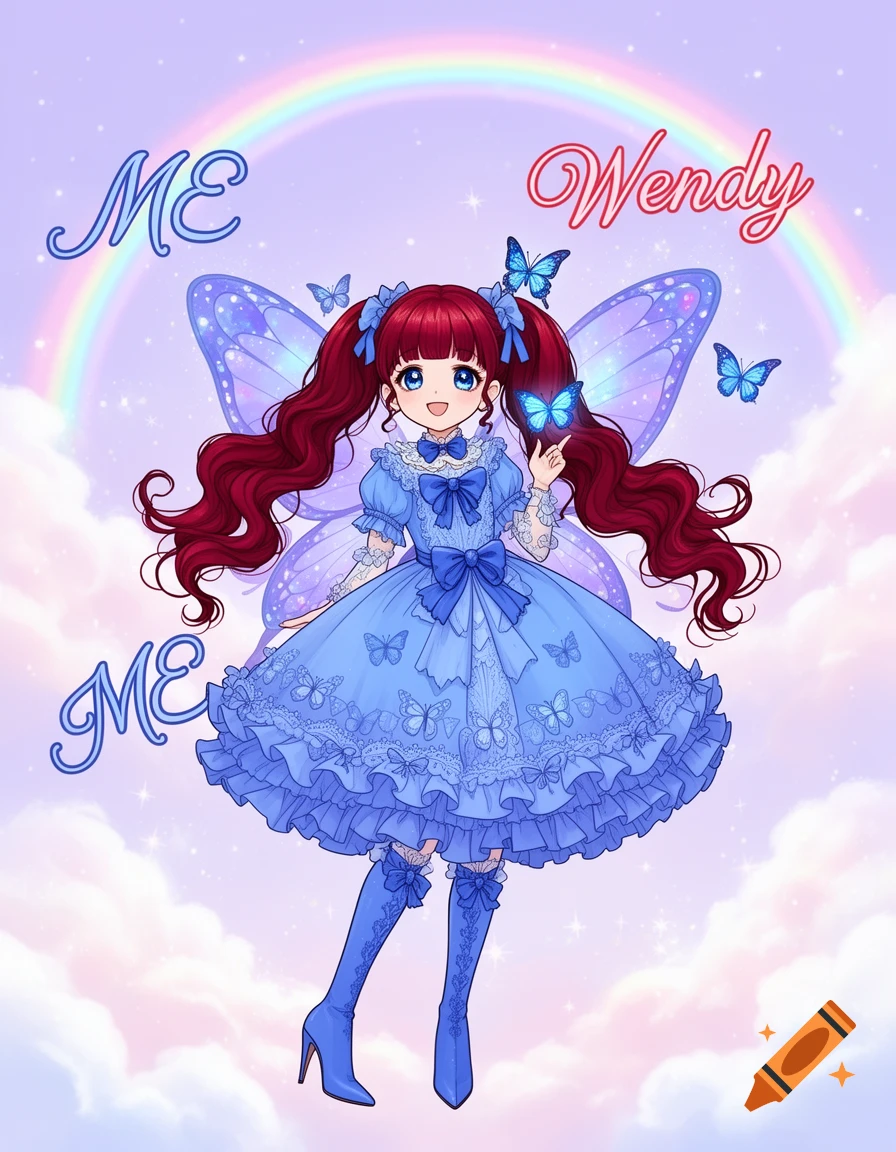 Anime illustration of a cute girl with red hair, blue dress, and butterfly wings, floating in a pastel sky with a rainbow. Text says 'ME' and 'Wendy'.